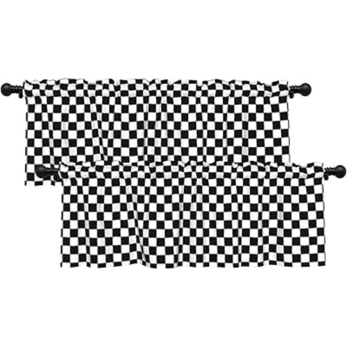 Checkered Valance for Windows 2 Pack Black and White Buffalo Plaid Kitchen Valance Rod Pocket Retro Checkerboard Farmhouse Window Treatment for Bathroom Living Room Cafe 54x18 Inch