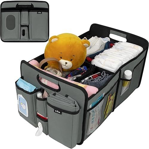 Baby Diaper Caddy Organizer with Changing Mat - Portable Car Caddy for Newborn Essentials, Diapers & Wipes, Gift for Baby Shower and New Mom | Oxford Fabric, Grey
