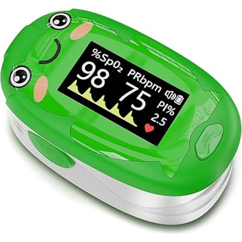 Pulse Oximeter for Kids, Adorable Animal Children Oxygen Monitor Fingertip with 20 × Memory, 4 Color OLED Display Blood Oxygen Saturation Monitor with Alarm, Batteries and Lanyard