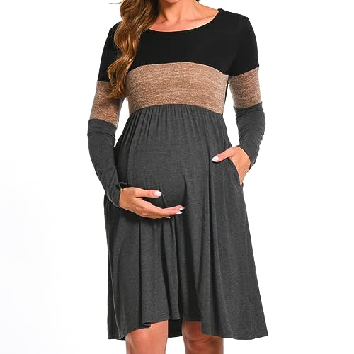 Bearsland Women’s Long Sleeve Maternity Dresses Patchwork Pregnancy Dress with Pocket
