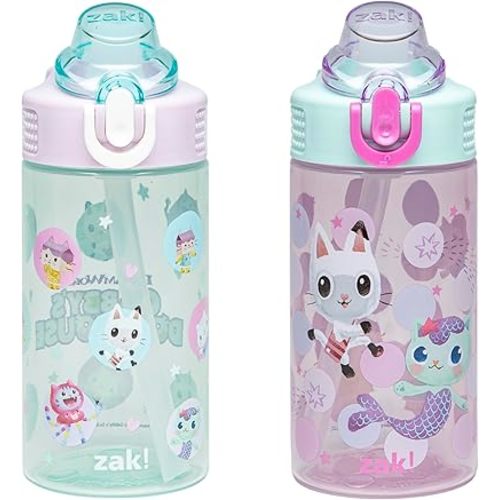 Zak Designs DreamWorks Gabby's Dollhouse Sage Kids Water Bottle For School or Travel, 16oz Durable Plastic Water Bottle With Straw and Leak-Proof, Pop-Up Spout Cover, 2-Pack Set (The Gabby Cats)