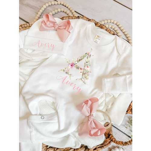 newborn girl wildflower coming home outfit, Personalized baby romper and bow set, custom baby girl coming home outfit, Baby Girl Shower Gift