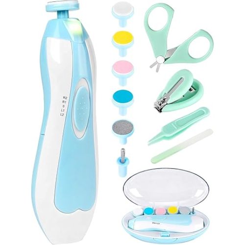 Electric Nail File Drill for Baby No Sharp Claws Hurt, 6 in 1 Safety Cutter Trimmer Clipper for Toes and Fingers (Blue +)
