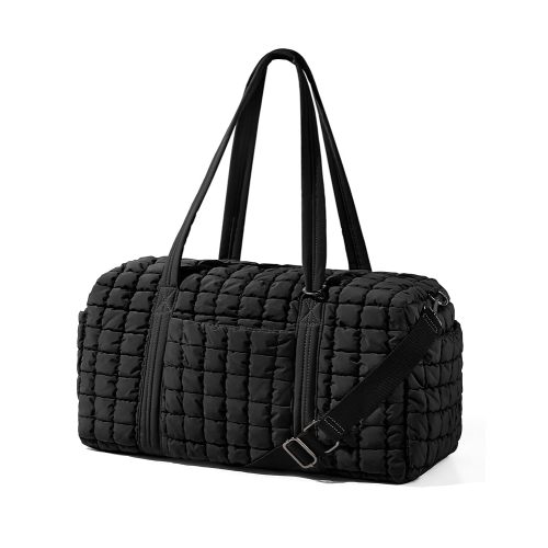 Quilted Travel Duffle Bag for Women Weekender Bag Large Puffer Overnight Bags Soft Puffy Duffel Bag Carry on Gym Bag Lightweight Personal Item Travel Bag for Trips Business Sport Airplane (Black)