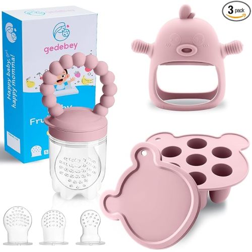 Baby Fruit Feeder & Breastmilk Popsicle Mold Set – 3 Pack Silicone Teething Relief Kit with Food Feeder Pacifier, Freezer Tray with Lid & Baby Teether (Blush)