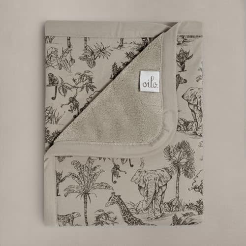 Oilo Baby Blanket, Luxury Plush Chenille Backing & Organic Cotton Jersey Print, Double Layered, 30" x 40", Rolled Jersey Edge Trim, Infant & Toddler Size, Heirloom Organic Collection, Vintage Safari