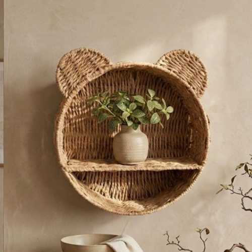 Bear Rattan Wall Shelf, Boho Nursery Organizer, Handmade Decor, Woven Plant Display