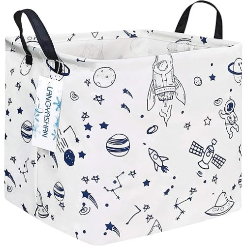LANGYASHAN Square Storage Baskets Waterproof Canvas Children Laundry Nursery Hamper for Shelves Gift Baskets Toy Organizer Room Decor (Square spaceship)