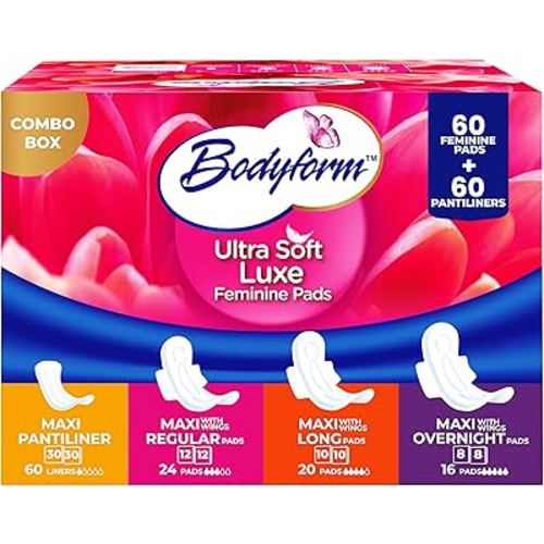 Bodyform Luxe Feminine Care Value Combo Pack, 120 Count (60 Ultra-Soft Pads + 60 Gentle Pantyliners), Variety Pack, Cushion-Soft & Ultra-Absorbent, Daily Freshness & Protection