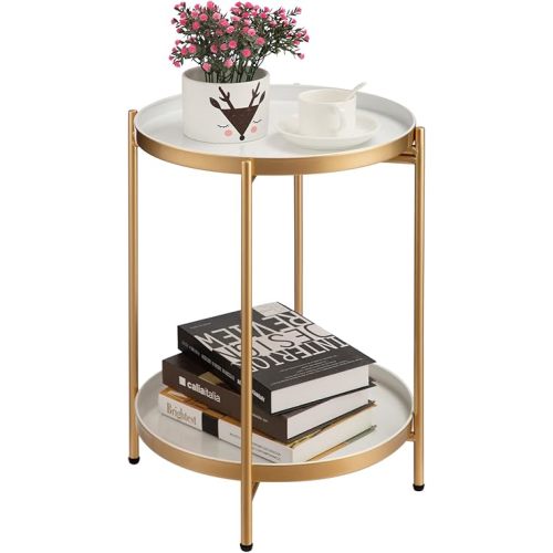 HollyHOME 2-Tier Round Gold Side Table, Outdoor Small Folding Accent Stand with Removable Tray, Anti-Rust Metal Asional Table for Balcony Patio Living Room, Nightstand for Bedroom(Gold&White)