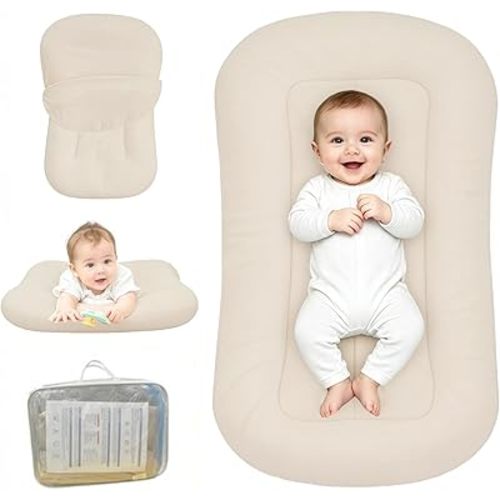 Baby Lounger for Newborn, Bionic Design Baby Lounger, Soft Organic Cotton Breathable Lounger for Infants 0-24 Months (Light Khaki)