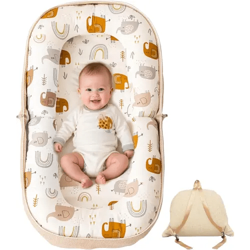 Baby Lounger, Foldable Infant Nest Pillow with Soft Memory Foam Mat, Cover with Adorable Pattern, Converts to Backpack for Easy Travel, 0-12 Months, White