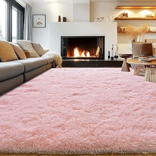 Rezutan Ultra Soft Pink Rugs for Bedroom 8x10 Feet, Fluffy Shag Area Rugs for Living Room, Large Comfy Furry Rug for Girls Kids Baby Room Decor Teenage Pastel Princess Rug, Non Slip。
