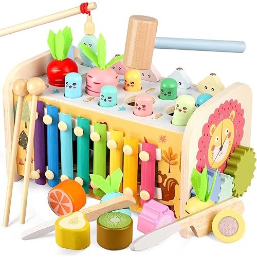 9 in 1 Montessori Toys for 1 Year Old, Wooden Hammering Pounding Toy Whack A Mole Game for Toddlers with Xylophone Toddler Activities for Baby 1 2 3 Year Old Girl Boy Birthday Gift