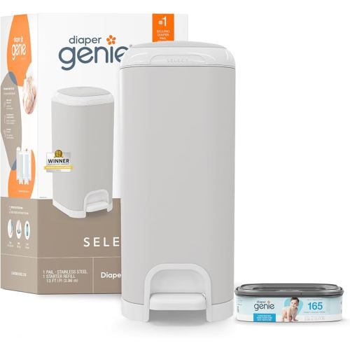 Diaper Genie Select Pail (Grey) is Made of Durable Stainless Steel and Includes 1 Starter Square Refill That can Hold up to 165 Newborn-Sized Diapers.