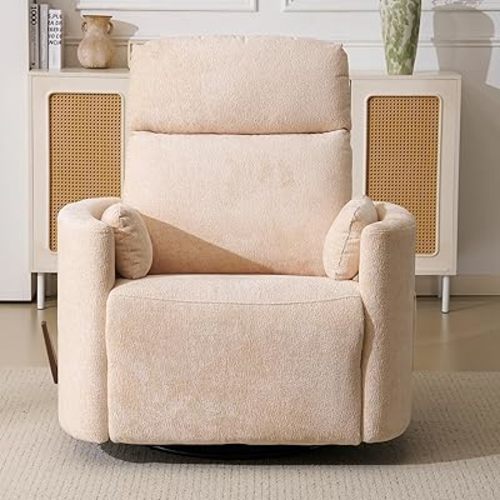 Oversized Swivel Rocker Recliner Chair with Heat and Massage, Rocking Chair Nursery with Adjustable Headrest, Manual Rocker Recliner Chair, Glider Recliner Nursery Chair with 2 Pillows, Chenille Beige