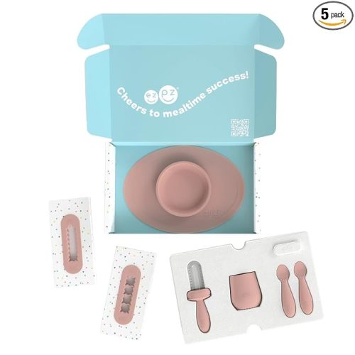 ezpz Kit 2: Learn to Eat and Drink (Blush) - Tools to Help Your Baby Practice Chewing, Sipping, and Self-Feeding - Start Solids + Baby-Led Weaning Safely - Shower Essentials & Gifts