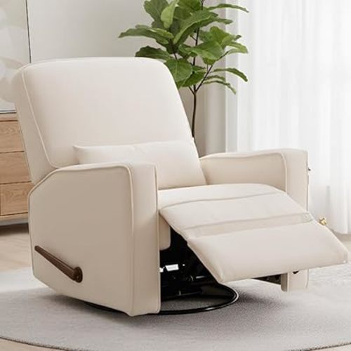 Tbfit Nursery Rocking Chair,360°Swivel Recliner Chair with Lumbar Support for Bedroom, Comfy Upholstered Armchair with Pillows & Footrest for Living Room & Baby Room