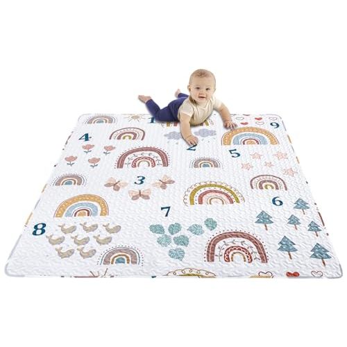 Boho Rainbow 50x50 Play Mat for Playpen, Washable Portable Baby Floor Playmat, Non Slip Foldabe Infant Crawling Mats, Tummy Time Mat Pad for Toddlers Baby Play Pen Mats for Home Or Travel