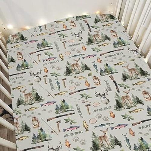 Fishing Hunting Baby Crib Sheets for Boy Girl 28"x52" Bass Fish Deer Paws Green Trees Soft Snug Fitted Crib Mattress Cover Nature Hunting Animals Baby Sheet for Standard Crib & Toddler Mattress Pad