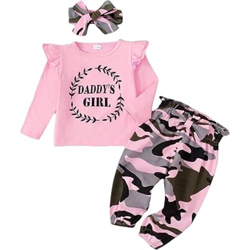 Mikrdoo Baby Girl Clothes Toddler Girl Outfits Long Sleeve Ruffle Shirt Tops Baby Camo Pants