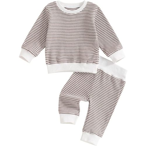 Baby Boy Fall Clothes Set Long Sleeve Crewneck Sweatshirts Pants Infant Newborn Waffle Stripe Outfits 6 12 18 24 Months