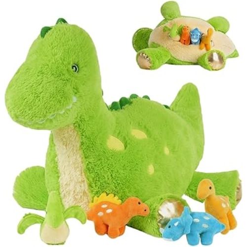 Tezituor Cute Dinosaur Stuffed Animal with 4 Baby,Dinosaurs Plush Toys,Mommy Dinosaurs,3 Baby, Large Dino Plushies Gifts for Girls Boys Kids Christmas Easter Birthday Children's Day, Green
