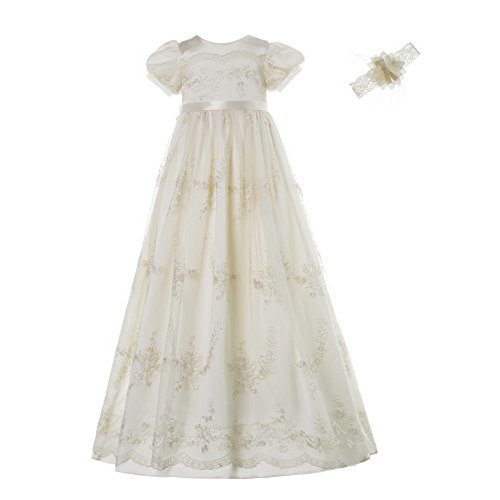 NIMBLE Baby Girls Newborn Christening Embroidered Gown Dress Outfit with Headband,0-15M