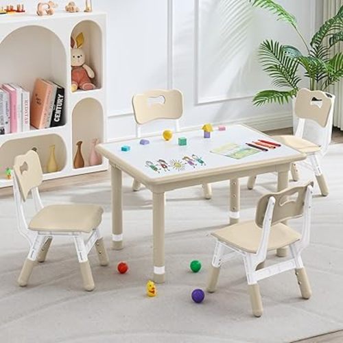 Kids Table and 4 Chairs Set, Height Adjustable (17.7"-26.1") Toddler Table and Chair Set, Multi-Activity Table with Graffiti Desktop, Children’s Table and Chairs for Classroom, Home & Daycare
