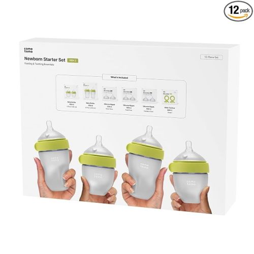 Comotomo Newborn Starter Set - 12 Piece Baby Bottle Gift Set, Green | Baby Registry Essentials - 5 oz & 8 oz Silicone Bottles, Slow to Variable Flow Anti-Colic Nipples & Soothing Teethers