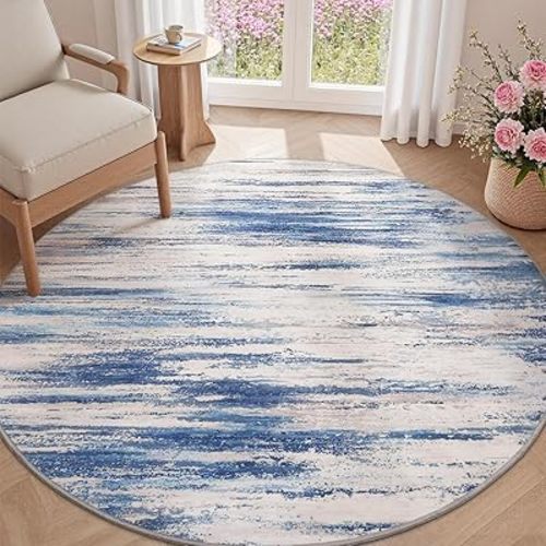 tchdio Round Rug 5FT Blue Modern Abstract Circle Rug for Bedroom Non Slip Soft Circular Rug Carpet Washable Round Area Rug, Blue, 5FT