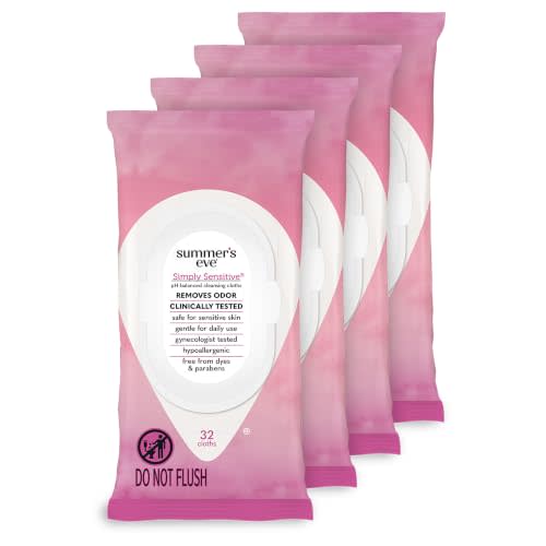 Summer's Eve Simply Sensitive Feminine Wipes, Gentle pH-Balanced Micellar Water Based Formula Helps Control Vaginal Odor, Resealable Pack, 32 Wipes, Pack of 4