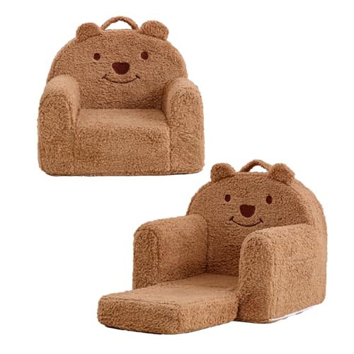 Kisdsa Toddler Chair,Sherpa Bear Toddler Couch Fold Out,Children Reading Chair,Flip Out Kids Couch,Kids Sofa Convertible for Age 1-3(Brown Bear)