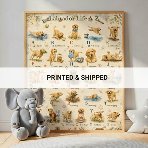 Custom Labrador A to Z Poster Watercolor Animal ABC Print Personalized Alphabet Nursery Wall Decor Beige Dog Lover Gift