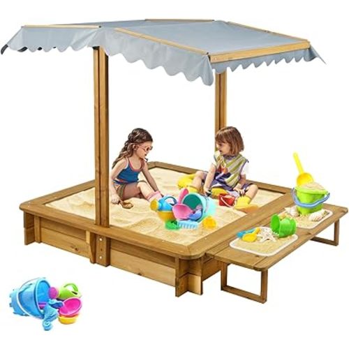 Sandbox with Lid, Outdoor Wooden Kids Sand Box with Adjustable Canopy & Two Toy Basins, Sandbox with Cover for Backyard, Beach, Gift for Kids Aged 2-8, Bottom Liner & UV-Resistant, 45''