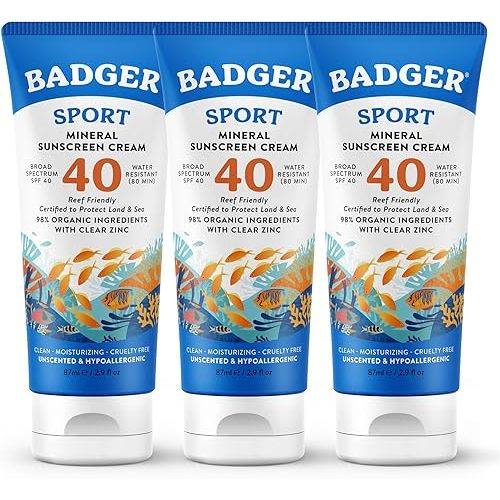 Badger Sport Mineral Sunscreen, Reef Safe, SPF 40, 98% Organic with Zinc Oxide, Water Resistant, Hawaii Reef Act 104 Compliant, Unscented & Hypoallergenic, For Sports & Adventures, 2.9 fl oz, 3-Pack