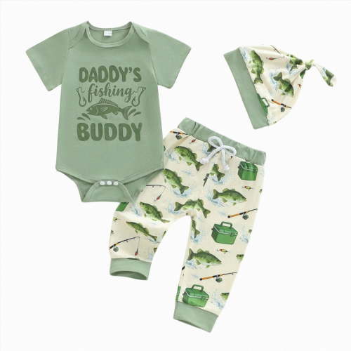 mgoYE Newborn Baby Boy Clothes Letter/Pattern Printed Romper Jumpsuits One Piece Infant Coming Home Outfit 3Pcs Clothing Set(Green,0-3 Months)
