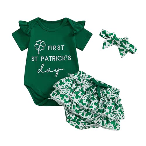 KtwHarnu Newborn Baby Girl St Patricks Day Outfit My 1st St Patricks Day Short Sleeve Romper Clover Tutu Skirt Headband Set