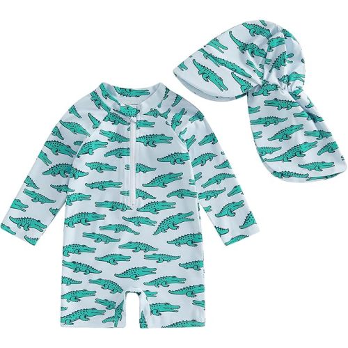 Biayxms Toddler Baby Boy Swimsuit Rash Guard Zip Up One Piece Bathing Suit with Hat Long Sleeve Beach Infant Swimwear Sunsuit