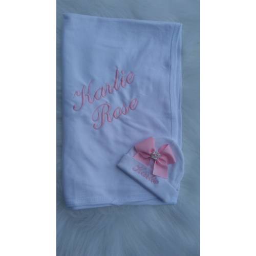 Personalized Baby Swaddle Blanket & Beanie Set: Monogrammed Shower Gift