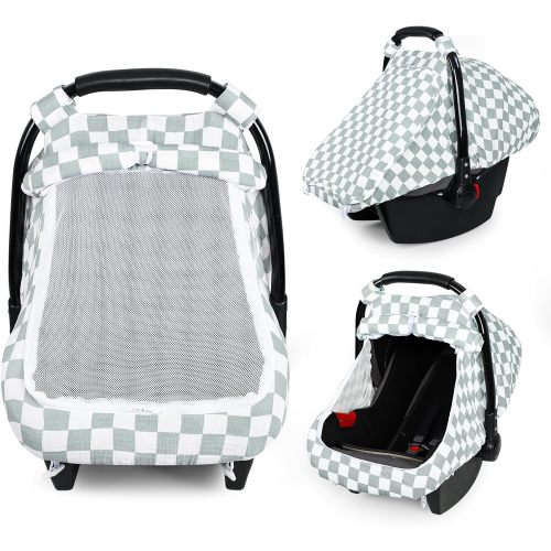 DILIMI Car Seat Covers for Babies, Muslin Cotton Baby Car Seat Cover with Breathable Mesh Window, Summer Infant Car Seat Canopy for Boys Girls Newborn, Green Plaid