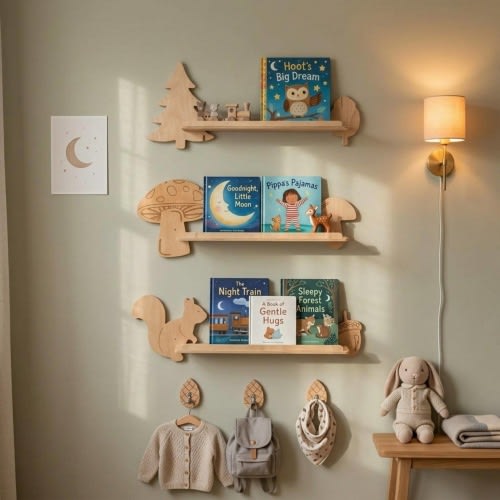 Personalized Woodland Theme Floating Bookshelf for Kids | Montessori Wooden Nursery Wall Shelves | Woodland Decor for Baby & Toddler Room