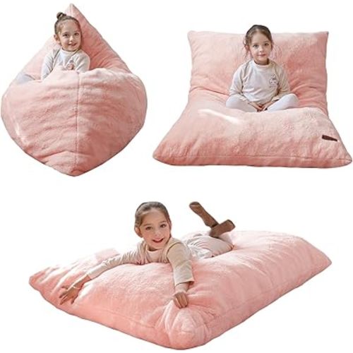 MAXYOYO 3 in 1 Kids Bean Bag Chair Bed, Child Floor Sofa for Gaming, Reading, Faux Fur Floor Mattress with High-Density Foam Filling for Living Room Bedroom