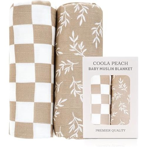 Baby Muslin Swaddle Blankets,2 Pack Receiving Blanket Baby Girl & boy,Large47 x 43 inches,Soft & Skin Friendly Swaddle Blanket Wrap(Brown)