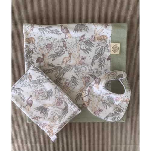 Australiana Flanelette Baby Rug, Bib, Burp Cloth Set, Tummy Time Blanket
