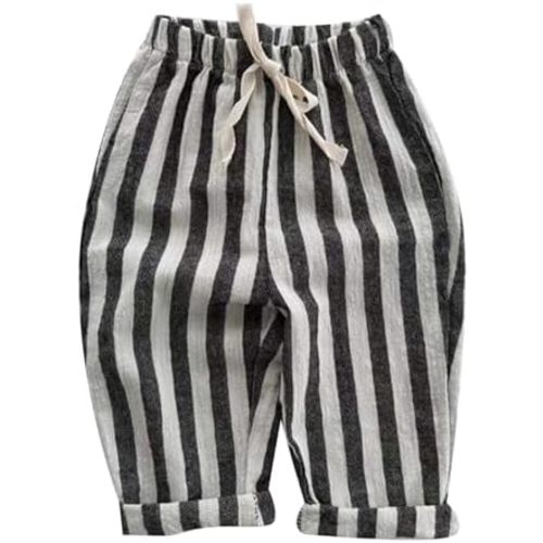 Boys Classic Casual Pants Thin Cotton Linen Stripe Elastics Waist Spring Summer Trousers Toddler Long Pants 0-3T