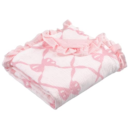 Oudain Pink Bow Flounce Muslin Baby Blankets, Lace Cotton Crib Blanket for Baby Infant Toddler, Soft and Lightweight Nursery Blankets 40"x35"