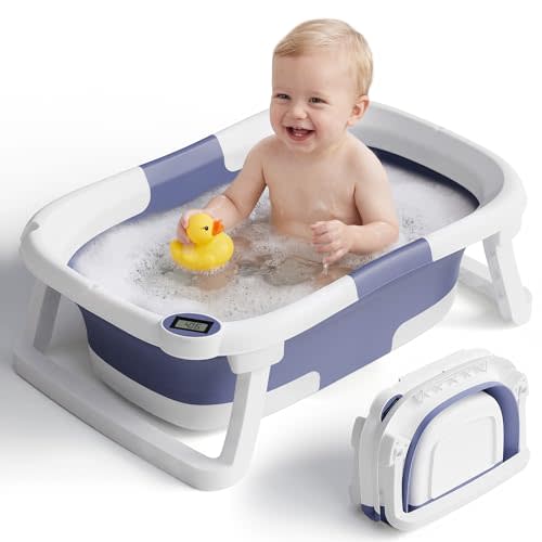 Collapsible Baby Bathtub with Thermometer, 0-36 Months, Blue | Real-time thermometer, quick drain plug, double-fold storage, PP+TPE tub, portable for home and travel