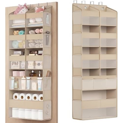 SONGMICS Over-the-Door Organizer, 9-Compartment Door Hanging Storage Shelf, Foldable Closet Hanging Organizer, Heavy-Duty, Metal Hooks, Transparent, Summer Sand URDH009LF01