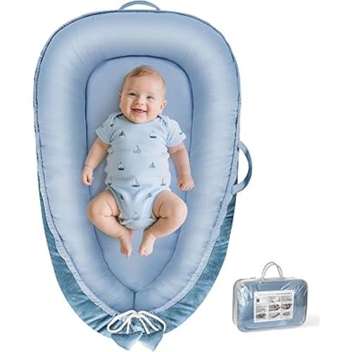 Baby Lounger - Baby Lounger for Newborn 0-24 Months, Breathable & Soft Cotton and Velvet Cover Baby Nest, Portable Tummy Time Lounger for Home and Travel, Ideal Baby Essentials & Shower Gifts